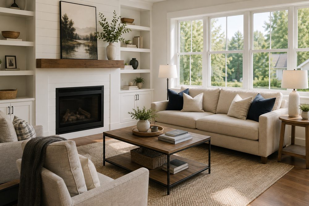 Staged, freshly cleaned living room and fireplace in a home ready for listing photos