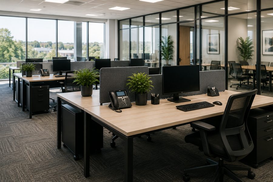 Clean, orderly open-plan office workspace with tidy desks and clear floors
